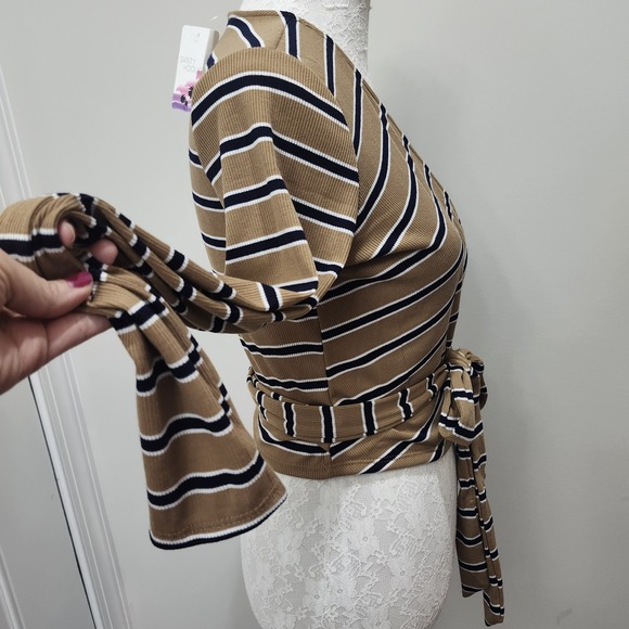 NWT Final Touch Ribbed Knit Tie Front Top M Tan Black White Stripes USA Made‎ - Picture 6 of 10